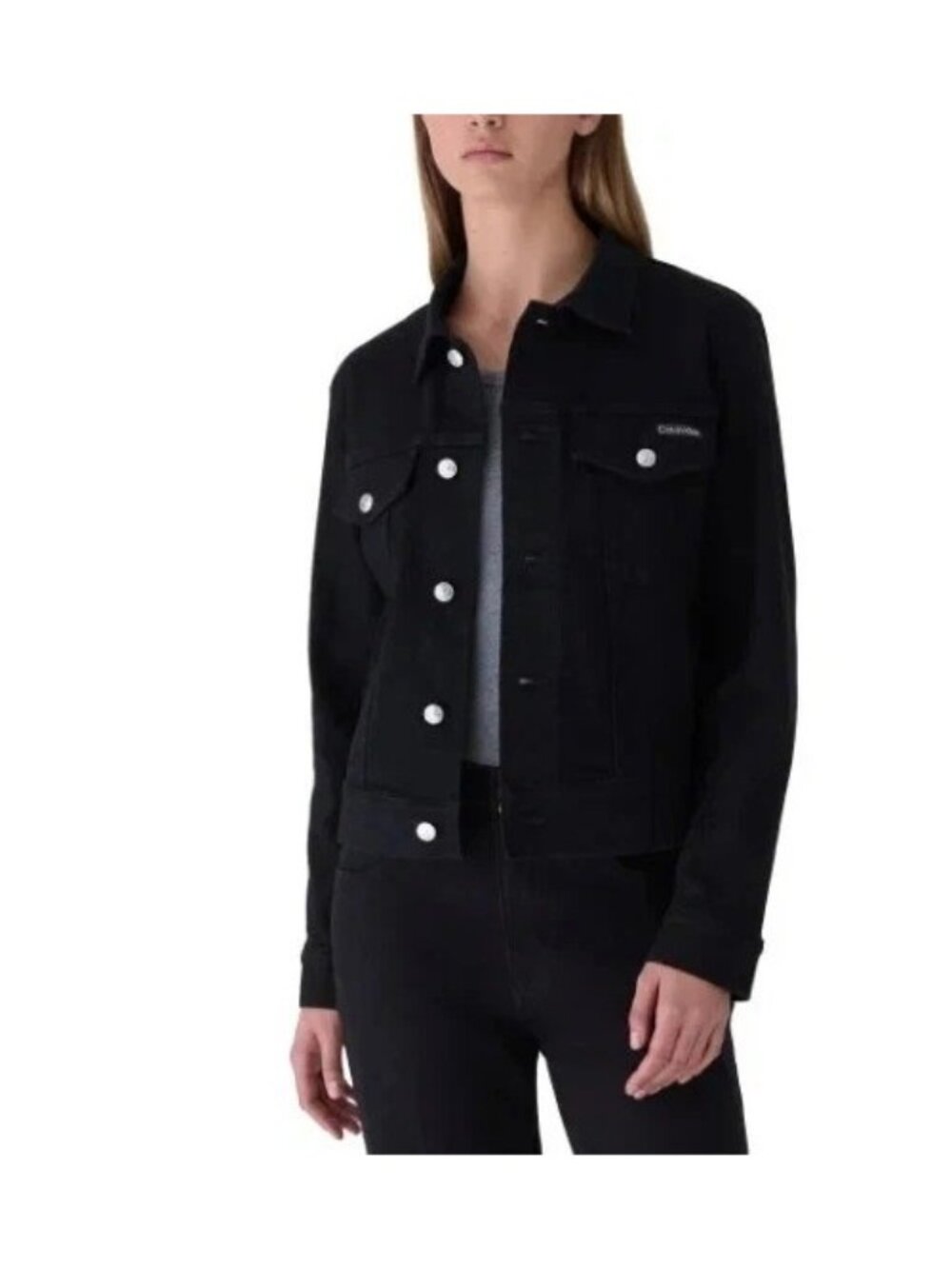 NWT Calvin Klein Women's XS Stretched Black Classic Trucker Jean Jacket